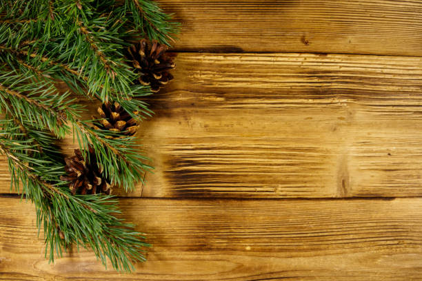 istock Christmas composition with fir tree branches and cones on wooden background. Top view, copy space 1041279804