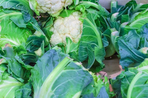 istock Green cauliflower, on a shelf in a shop, background vegetables 1041281634