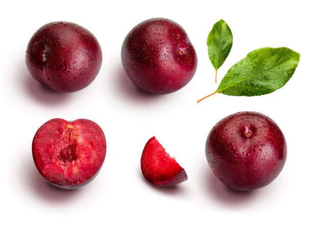 istock Plums from different angles and leaves isolated on white background. Appetizing and healthy red plums, whole and cut into segments with an aspect of illustration. 1041291080