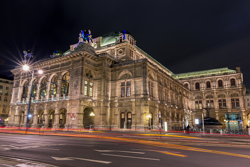 The famous Vienna State Opera with impressive lighting at night