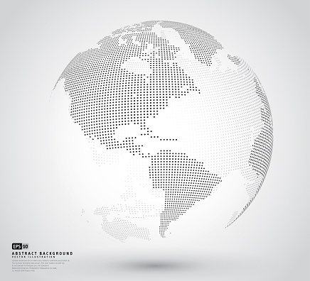 Three dimensional abstract dotted globe. Black dotted 3d earth world map globe in white backgrounds. Vector illustration eps-10.
