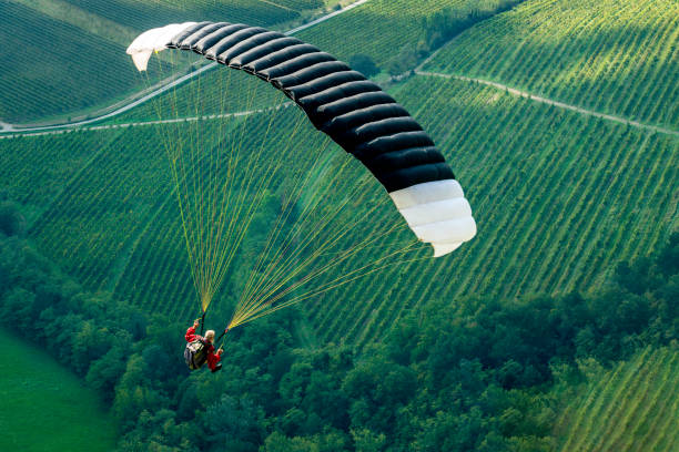 Senior man with gray long beard paragliding in Julian Alps, Primorska Region in Slovenia, Europe stock photo