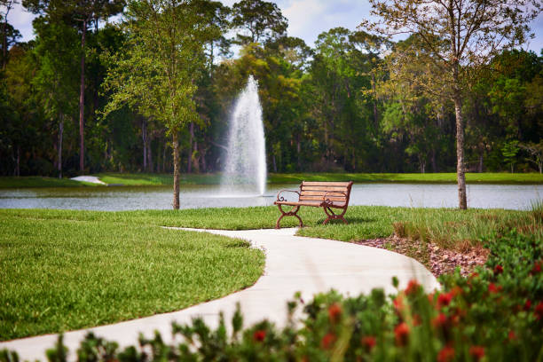 A Cherry Colored Park Bench by a Fountain Jet of Water on a Lake stock photo