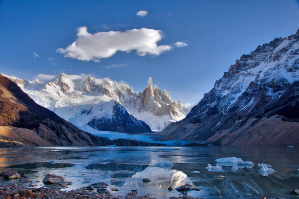 Torre Lagoon Laguna Torre view with the Cerro Torre in the back in el Chalten, Santa Cruz, Argentina argentina nature andes autumn stock pictures, royalty-free photos & images