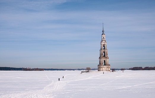 Belfry of a ruined church in the city of Kalyazin on the Volga River