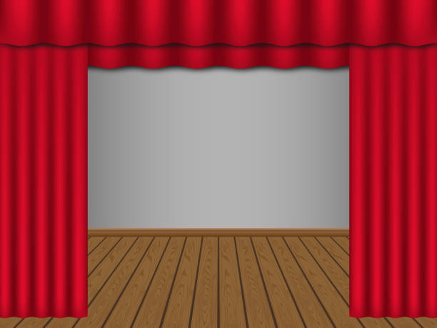 istock Empty theater stage with red curtains and wood floor. Vector cinema white screen background 1041360502