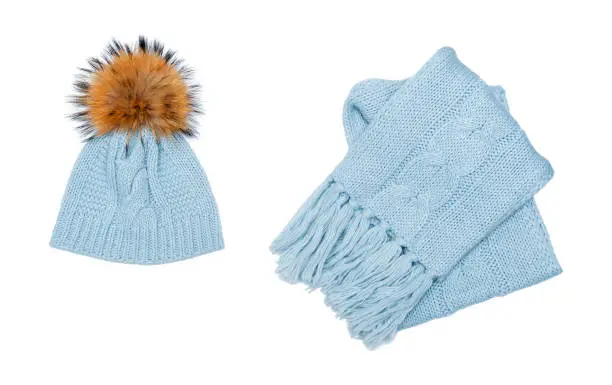 Winter beanie and scarf set isolated on white background