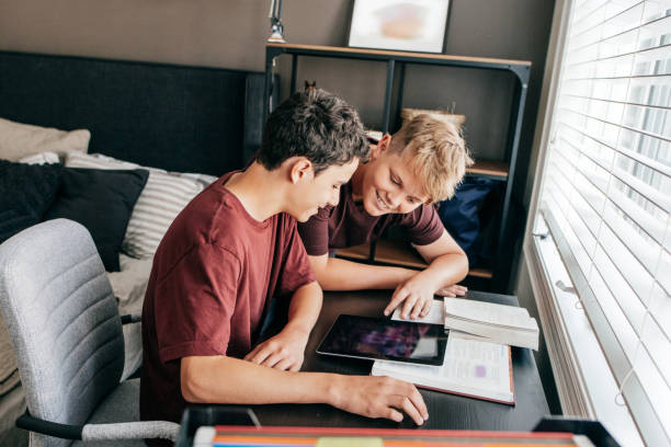 Teenagers  working on online project for school