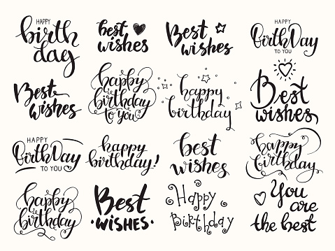 Happy birthday & Best wishes. Handwritten modern brush lettering made with ink. Big artistic collection of design elements for congratulation card, banner, poster, flyer templates. Isolated vector set.