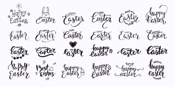 illustrazioni stock, clip art, cartoni animati e icone di tendenza di happy easter hand written lettering. raccolta di testo calligrafia pennello moderna per invito, modelli di biglietti di auguri. clipart vettoriale isolata. - easter ornament