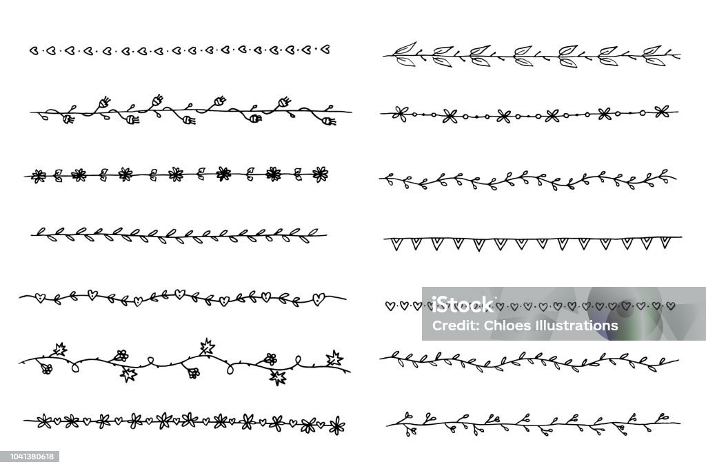 set de vector noir et blanc de frontière. diviseurs d’isolé simples avec des feuilles, des branches, des fleurs et des cœurs. main sur collection de frontière pour la conception de blogs, les invitations et les cartes de voeux. - clipart vectoriel de Bordure libre de droits