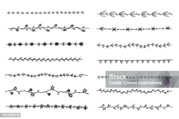 Black And White Vector Border Set Simple Isolated Dividers With Leaves Branches Flowers And Hearts Hand Drawn Border Collection For Blogging Invitations And Greeting Cards Design Stock Illustration - Download Image Now