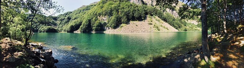 panoramic view of Lago Santo Modenese, a lake on the Apennines in Italy, in the province of Modena