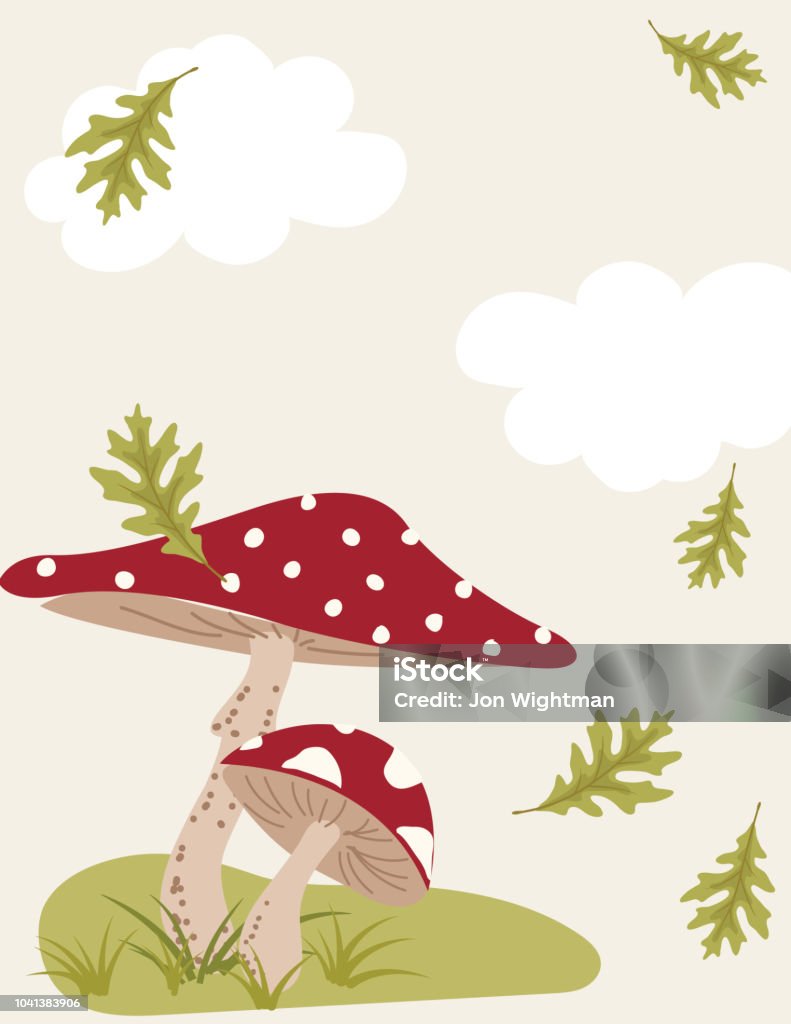 Cartoon Mushroom Background Cute cartoon mushroom background or border in flat colors. With falling autumn leaves. Autumn stock vector