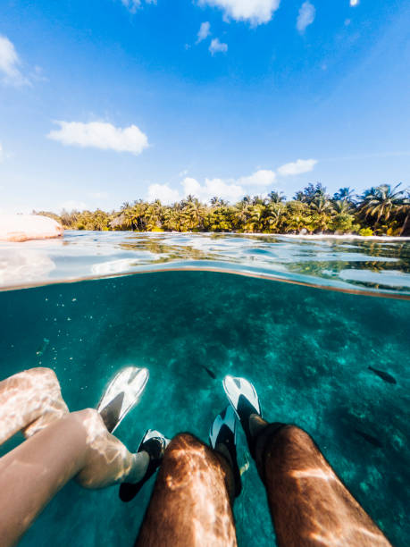 snorkeling in maldives sea - vacations couple travel destinations snorkeling imagens e fotografias de stock