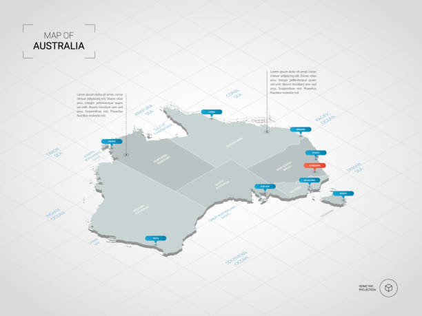 ilustrações, clipart, desenhos animados e ícones de mapa de austrália isométrico com nomes de cidades e divisões administrativas. - australia