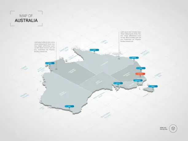 Vector illustration of Isometric Australia map with city names and administrative divisions.