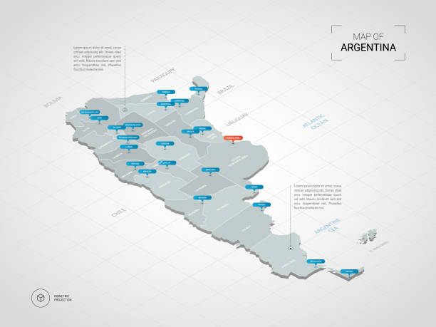 Isometric Argentina map with city names and administrative divisions. Isometric  3D Argentina map. Stylized vector map illustration with cities, borders, capital, administrative divisions and pointer marks; gradient background with grid. argentina map stock illustrations