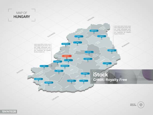 Isometric Hungary Map With City Names And Administrative Divisions Stock Illustration - Download Image Now