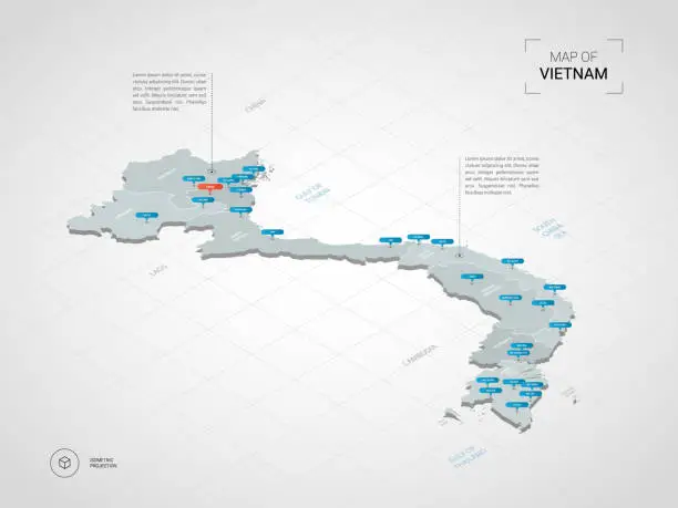 Vector illustration of Isometric Vietnam map with city names and administrative divisions.