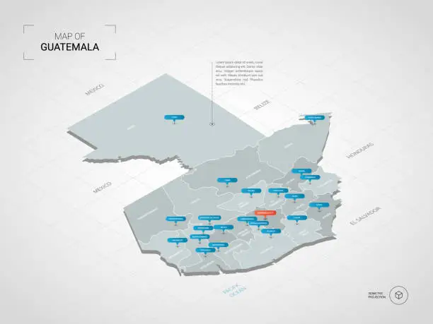 Vector illustration of Isometric Guatemala map with city names and administrative divisions.