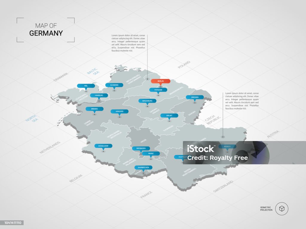 Mapa de Alemania isométrico con nombres de ciudades y divisiones administrativas. - arte vectorial de Alemania libre de derechos