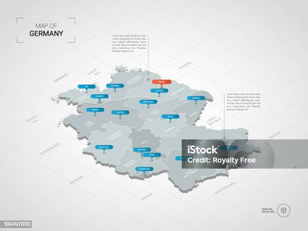 Ilustración de Mapa De Alemania Isométrico Con Nombres De Ciudades Y Divisiones Administrativas y más Vectores Libres de Derechos de Alemania