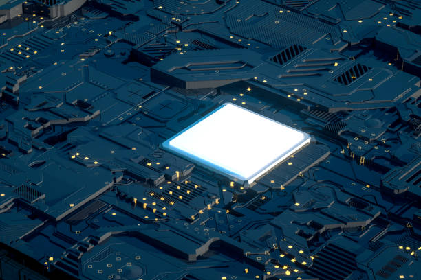 istock 3d rendering, Circuit board and gold glow chip 1041411256