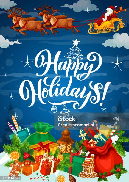 Happy Winter Holidays Poster With Gifts On Snow Stock Illustration - Download Image Now - Happy Holidays - Short Phrase, Christmas, Toy