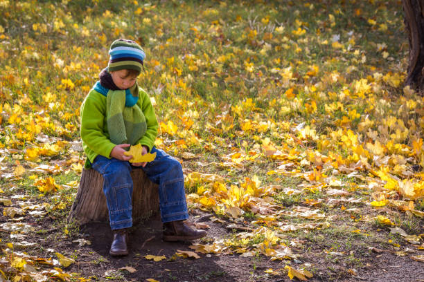 istock Sad boy sitting with yellow leaf at autumn park 1041414570