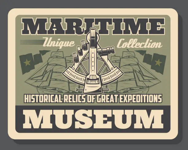 Vector illustration of Maritime museum poster with navigation tools