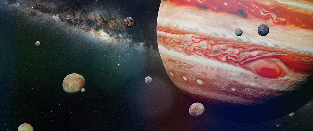 planeta Júpiter con algunos de los 69 conocido lunas con la galaxia photo