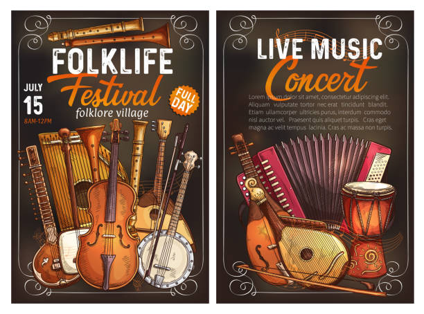 ilustrações de stock, clip art, desenhos animados e ícones de folk music festival poster with ethnic instrument - folclórico