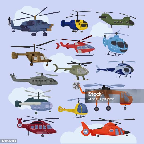 Helicopter Vector Copter Aircraft Jet Or Rotor Plane And Chopper Flight Transportation In Sky Illustration Aviation Set Of Aeroplane And Airfreighter Cargo With Propeller Isolated On Background Stock Illustration - Download Image Now