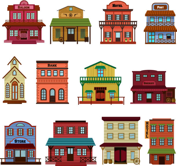 ilustrações, clipart, desenhos animados e ícones de bar velho oeste ocidental e construção casa de vaqueiros de vetor ou bar na rua ilustração descontroladamente conjunto da paisagem do país com arquitetura loja de hotel na cidade, isolada no fundo branco - saloon