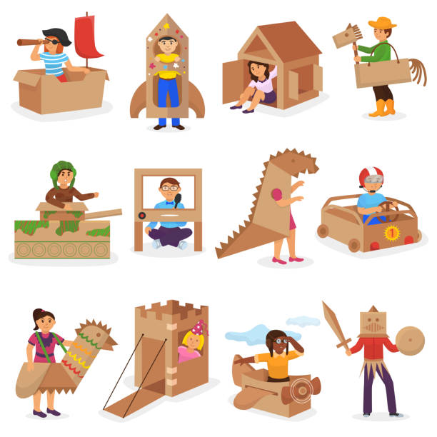 Kids in box vector creative children character playing in boxed house and boy or girl in carton plane or paper ship illustration set of childish package creativity isolated on white background Kids in box vector creative children character playing in boxed house and boy or girl in carton plane or paper ship illustration set of childish package creativity isolated on white background. cardboard house stock illustrations