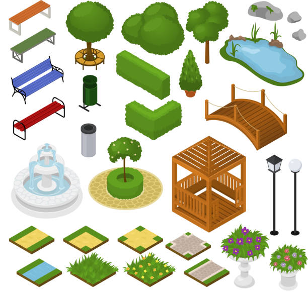 illustrations, cliparts, dessins animés et icônes de parkland vecteur parc avec des arbres du jardin vert herbe et fontaine ou un étang en jeu illustration ville de promenade isométrique dans le paysage urbain ou paysage isolé sur fond blanc - standing water grass area meadow lawn