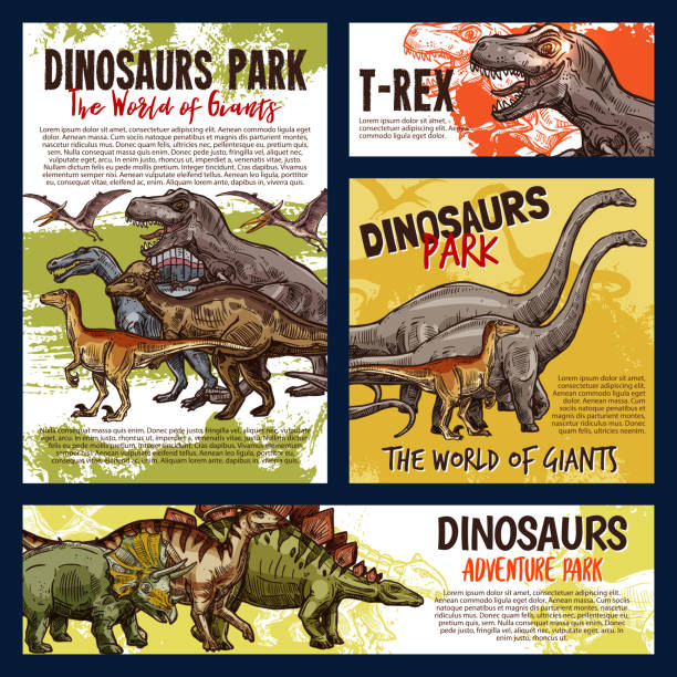 Dinosaur jurassic dino monster animals Dinosaur jurassic animal sketch of dino monster adventure park. Tyrannosaurus rex, stegosaurus and pterodactyl, velociraptor, diplodocus and triceratops prehistoric predatory reptile archaelogy stock illustrations