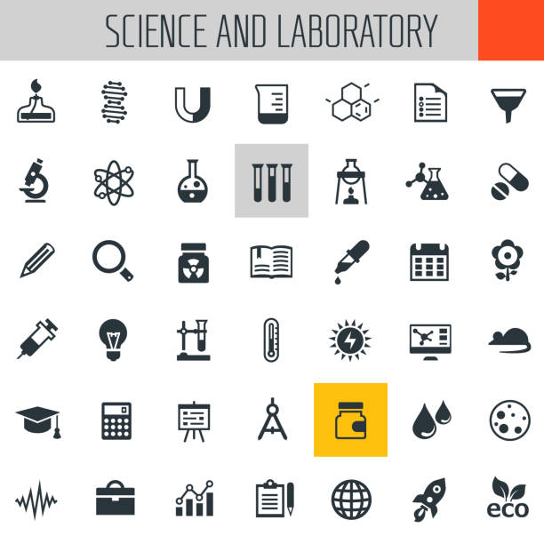 과학 및 실험실 아이콘 세트 - beaker flask laboratory glassware research stock illustrations