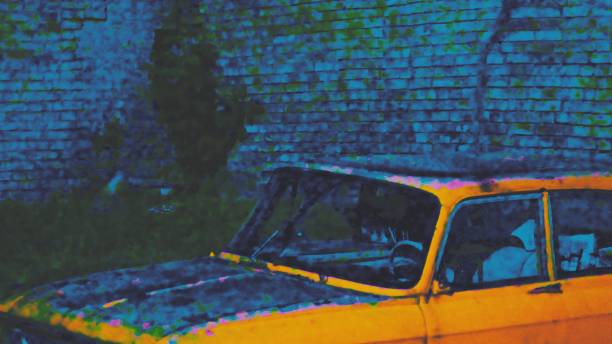 istock urban night streets. yellow retro car 1041460166