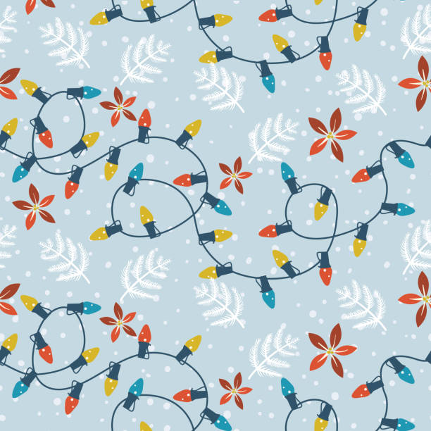 Seamless pattern of Hand Drawn Seasonal Christmas Lights with Holly and evergreens.