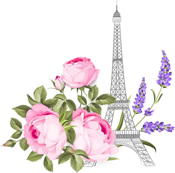 Vector illustration of The Eiffel tower card. Eiffel tower simbol with spring blooming flowers over white background.