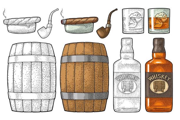Whiskey glass with ice cubes, barrel, bottle and cigar. Whiskey glass with ice cubes, barrel, tube, bottle and cigar. Vector vintage color illustration for label, poster, invitation to a party. Isolated on white background. Hand drawn design element. bourbon barrel stock illustrations