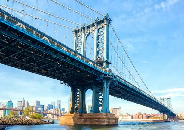 Photo of The Manhattan Bridge, New York City, United States. In the background  Manhattan and  Brooklyn Bridge.
