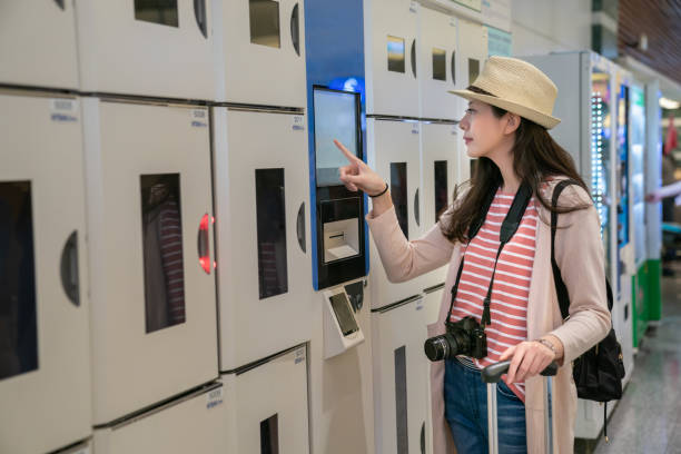 istock woman confirming intelligent coin lockers. 1041476142