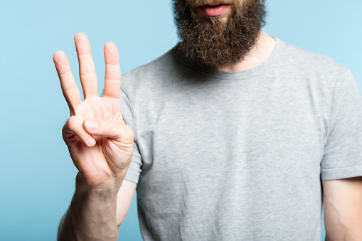 bearded man showing number three with his hand. cropped shot of a male torso on blue background. casual hipster in grey t-shirt counting gesture.