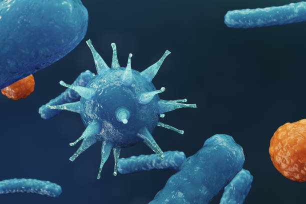 istock 3D illustration Virus backgorund. Viruses influenza, hepatitis, AIDS, E. coli, colon bacillus. Concept of science and medicine, reducing immunity, Cell infected organism 1041494536