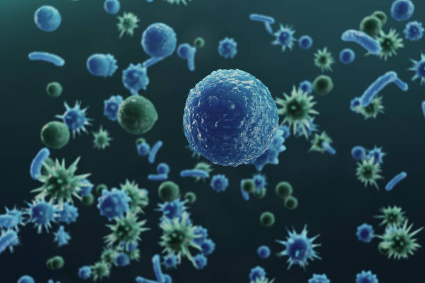 abstract background virus. the concept of science and medicine, reducing immunity in the body. influenza virus, hepatitis virus, cells that infect the living organism, 3d illustration - virus molecular structure healthcare and medicine russian influenza imagens e fotografias de stock