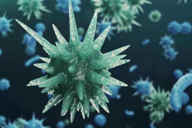 istock 3D illustration Virus backgorund. Viruses influenza, hepatitis, AIDS, E. coli, colon bacillus. Concept of science and medicine, reducing immunity. Cell infected organism. 1041494698