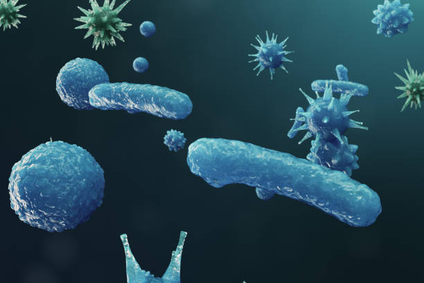 istock 3D illustration Virus backgorund. Viruses influenza, hepatitis, AIDS, E. coli, colon bacillus. Concept of science and medicine, reducing immunity. Cell infected organism. 1041494722